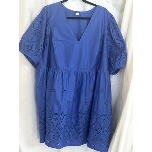 Old Royal Blue Eyelet Cotton Dress Puff Sleeves Knee length Size 3X